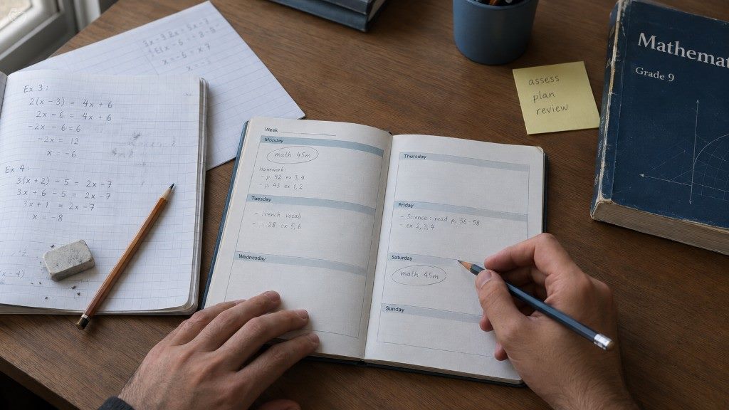 Adult hands writing a 45-minute maths slot in a weekly planner beside a Grade 9 mathematics book.