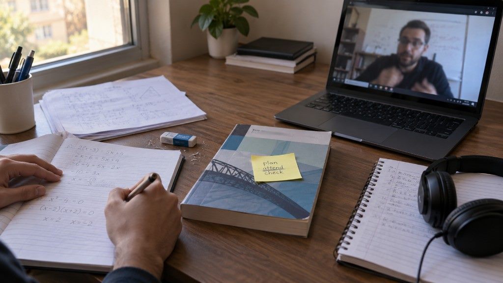 Adult hands writing algebra in a notebook beside a laptop showing a live online tutor.