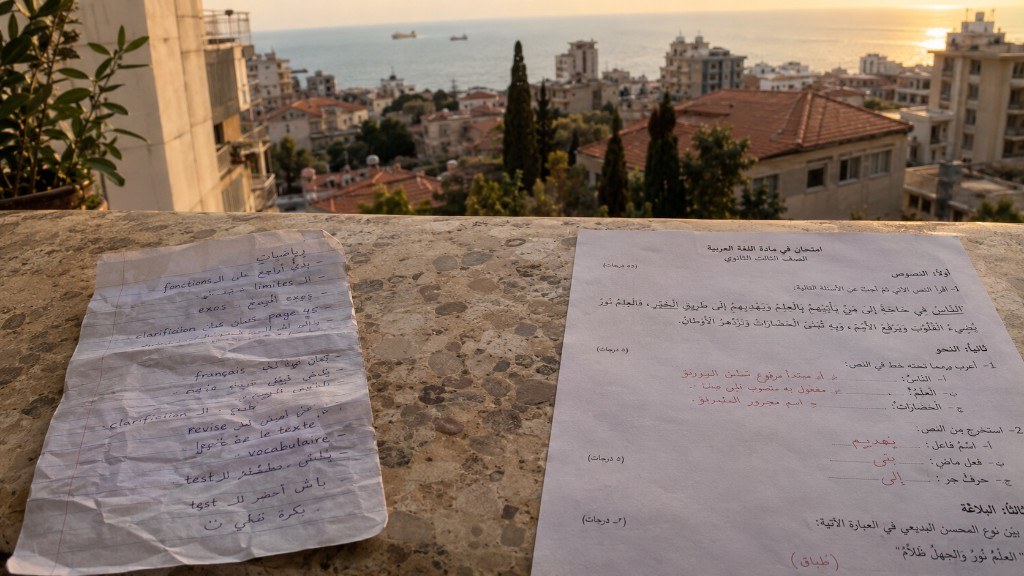Formal Arabic exam paper with grammar marks beside a handwritten Lebanese dialect note on a Beirut windowsill.