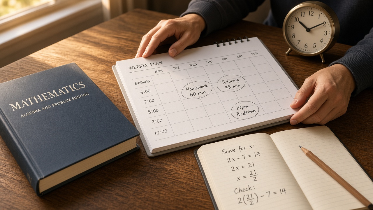Mains d’adulte relisant un agenda hebdomadaire sur un bureau en bois, à côté d’un cahier de devoirs, d’un manuel, d’un crayon et d’une pendule.