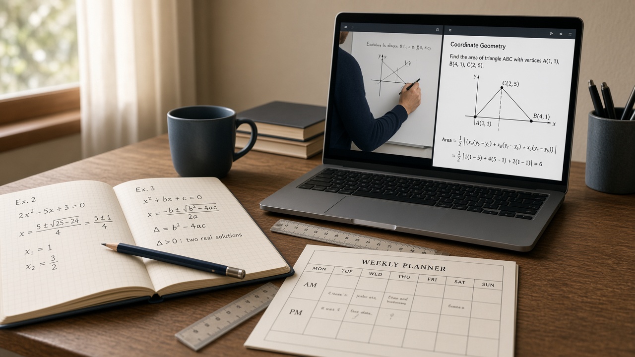 Mains d’adulte écrivant dans un cahier sur un bureau en bois, à côté d’un ordinateur portable en cours en ligne.