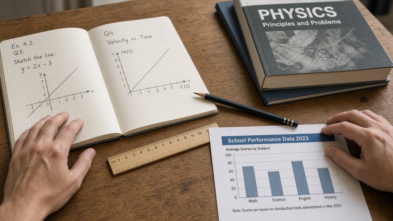 Mains d’adulte écrivant dans un cahier de maths sur un bureau en bois, à côté d’un manuel de sciences, d’un crayon, d’une règle et d’un graphique imprimé.